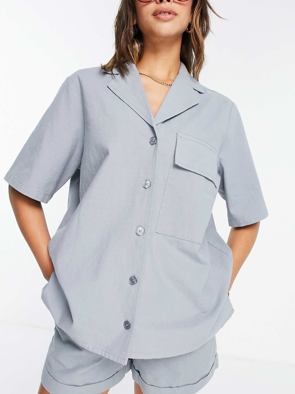 Light Blue Grey Short Sleeve Button Front Bowling Shirt